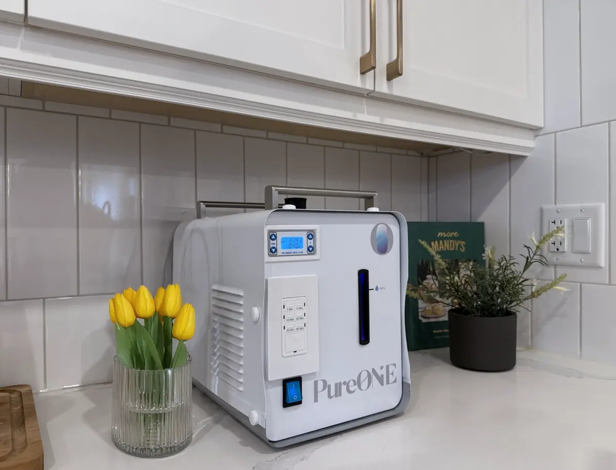 PureONE molecular hydrogen machine on a kitchen counter